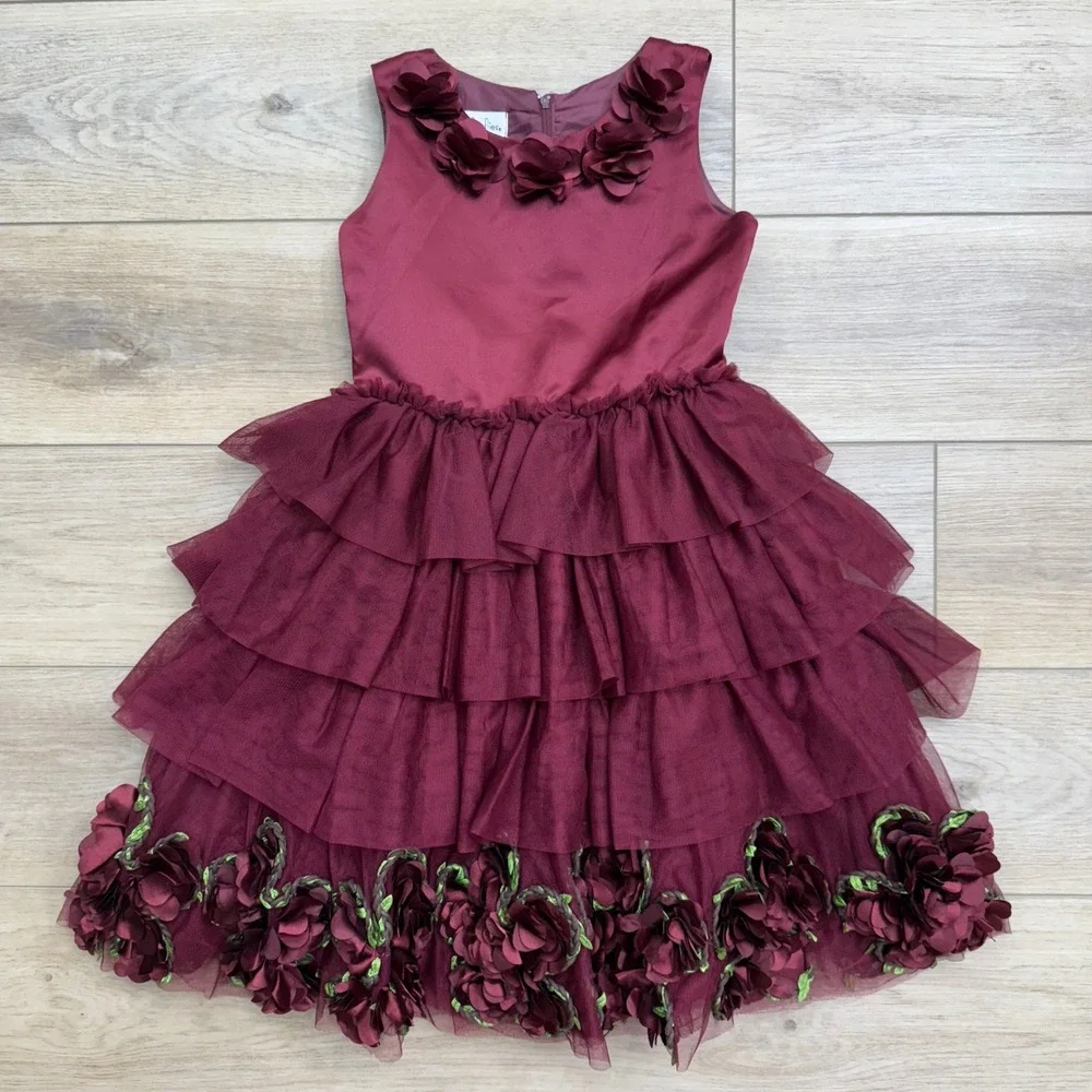 Chasing Fireflies Dress Girl's Size‎ 7 Burgundy Flower Party Holiday Ruffle